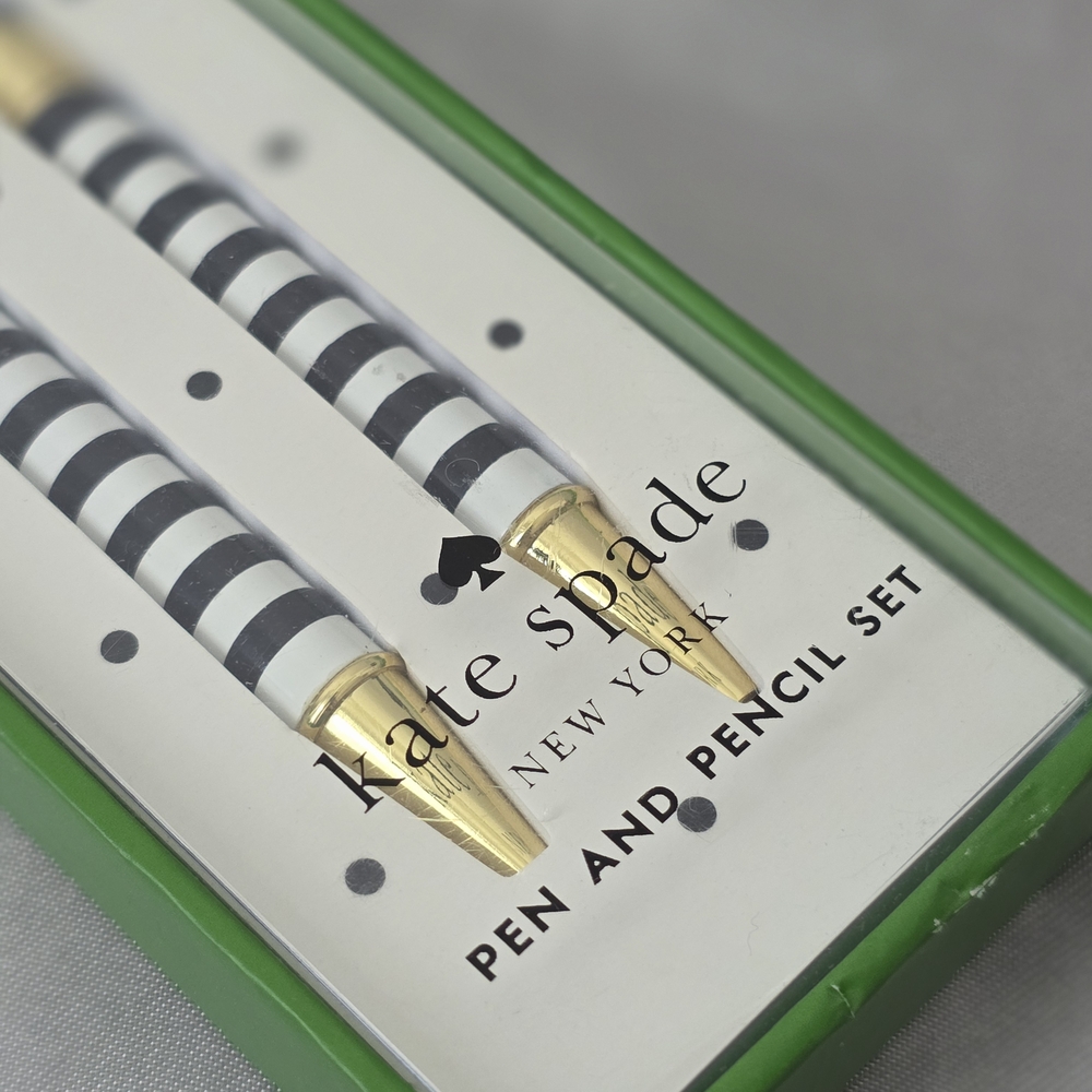 kate spade Black & White Striped Pen and Pencil Set with Gold Accents